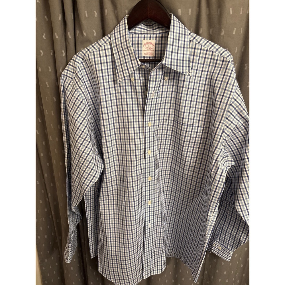 Brooks Brothers Regular Fit Non-Iron Supima Cotton Blue Check Dress Shirt Mens L